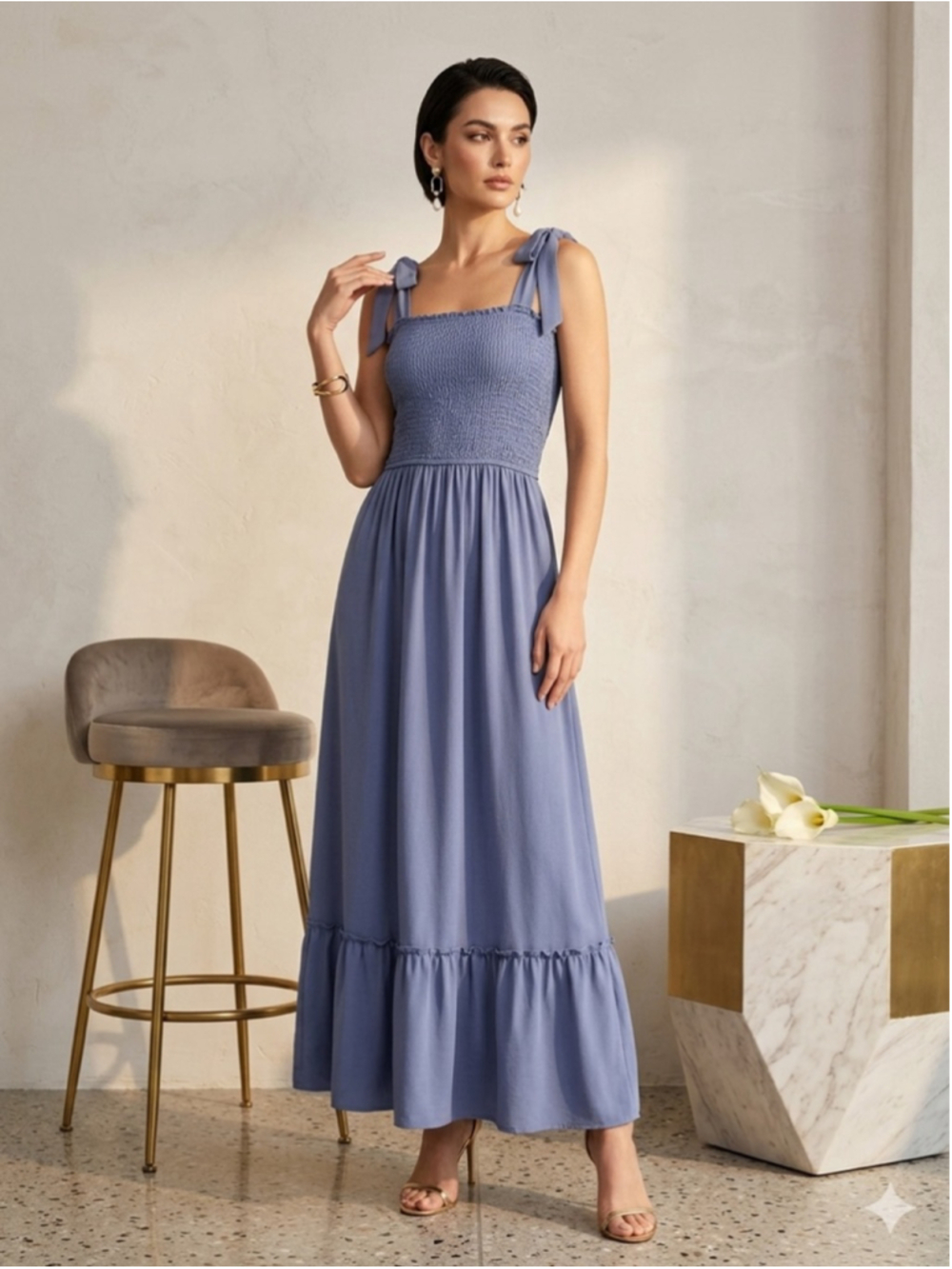 ZESICA Women’s Periwinkle Blue Smocked Maxi Dress Tie Shoulder Ruffle Hem Large